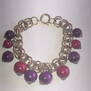 Vintage Germany Gold Tone Purple & Red Dangling Beaded Retro Boho Bracelet